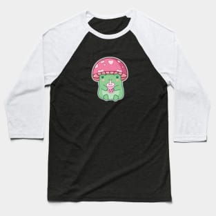Kawaii Frog Mushroom Hat Drinking Pink Strawberry Boba Tea Baseball T-Shirt